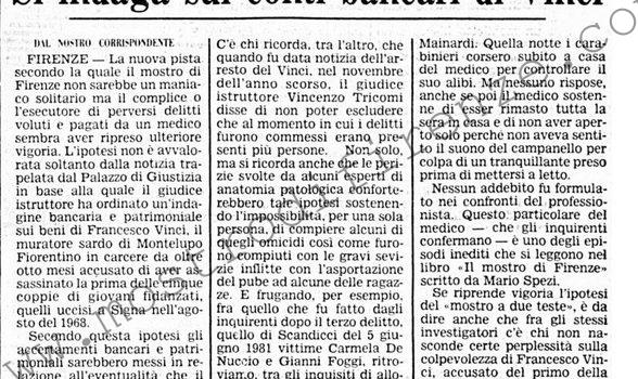 <b>6 Maggio 1983 Stampa: Corriere della Sera – Le 5 coppie assassinate a Firenze. Si indaga sui conti bancari di Vinci</b>