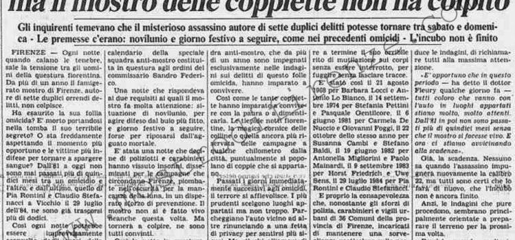 <b>19 Agosto 1985 Stampa: Stampa Sera – Una notte in stato di emergenza a Firenze ma il mostro delle coppette non ha colpito</b>
