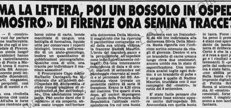 <b>28 Settembre 1985 Stampa: Stampa Sera – Prima la lettera, poi un bossolo in ospedale. Il mostro di Firenze ora semina tracce?</b>