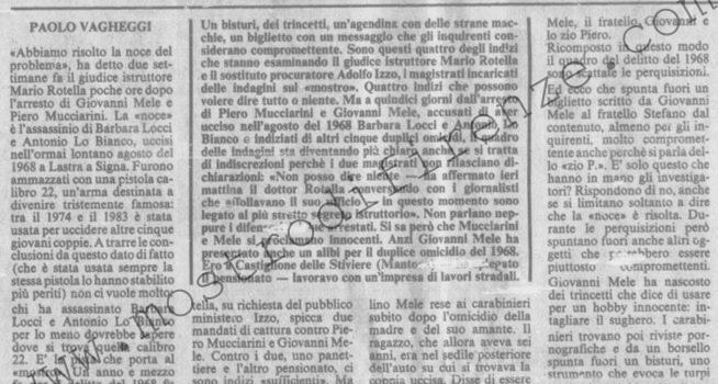 <b>10 Febbraio 1984 Stampa: La Nazione – Ecco i quattro indizi contro Mele e Mucciarini</b>