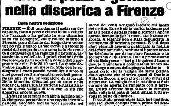 <b>14 Marzo 1986 Stampa: L’Unità – Nuovo giallo: un corpo fatto a pezzi e gettato nella discarica a Firenze</b>