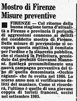 <b>21 Aprile 1987 Stampa: Corriere della Sera – Mostro di Firenze Misure preventive</b>