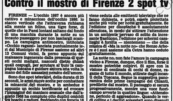<b>13 Maggio 1987 Stampa: Corriere della Sera – “Attenzione, pericolo di aggressione” Contro il mostro di Firenze 2 spot tv</b>