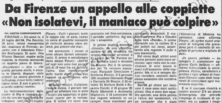 <b>28 Luglio 1985 Stampa: La Stampa – Da Firenze un appello alle coppiette “Non isolatevi, il maniaco può colpire”</b>