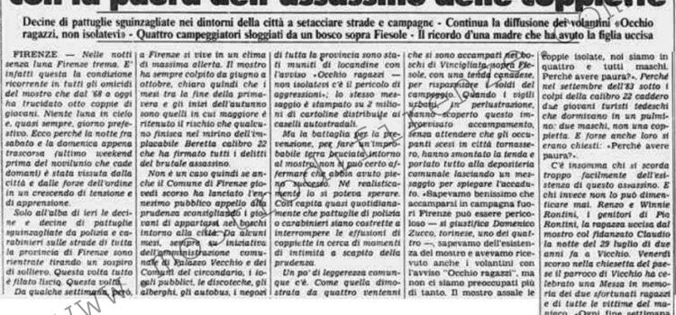 <b>4 Agosto 1986 Stampa: Stampa Sera – Storia di un weekend senza luna a Firenze con la paura dell’assassino delle coppiette</b>