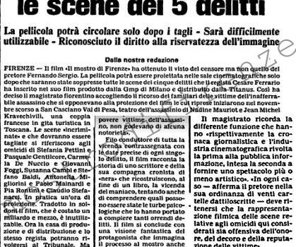 <b>4 Marzo 1986 Stampa: L’Unità – Dal Film sul “mostro” di Firenze cancellate le scene dei 5 delitti</b>