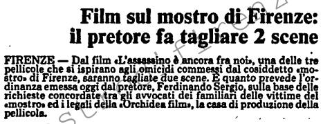 <b>8 Febbraio 1986 Stampa: L’Unità – Dal Film sul “mostro” di Firenze cancellate le scene dei 5 delitti</b>