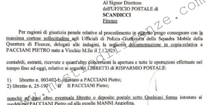 <b>22 Maggio 1996 Richiesta comunicazione stato patrimoniale di Pietro Pacciani all’ufficio postale di Scandicci</b>