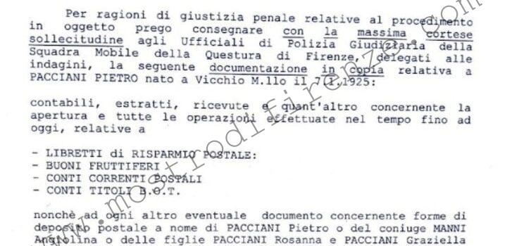 <b>25 Maggio 1996 Richiesta comunicazione stato patrimoniale di Pietro Pacciani all’ufficio postale di San Casciano e Cerbaia</b>