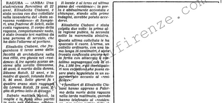 <b>23 Agosto 1982 Stampa: Corriere della Sera – Studentessa fiorentina uccisa a coltellate nella lavanderia di un residence a Ragusa</b>