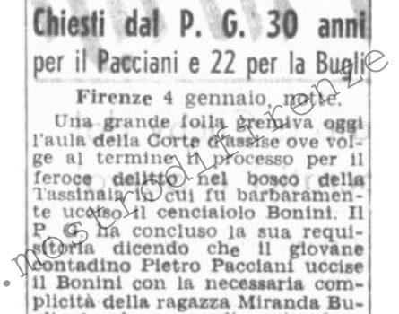 <b>5 Gennaio 1952 Stampa: Corriere della Sera – Chiesti dal P.G. 30 anni per Pacciani e 22 per la Bugli</b>