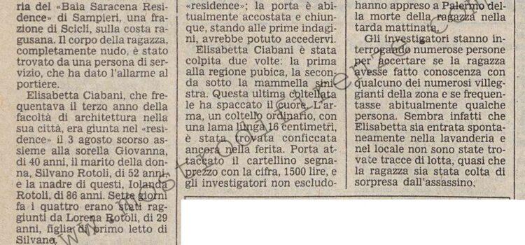 <b>23 Agosto 1982 Stampa: Il Piccolo – Ammazzata da due coltellate giovane turista nel Ragusano</b>