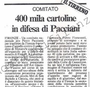 <b>22 Gennaio 1995 Stampa: Il Tirreno – 400 mila cartoline in difesa di Pacciani</b>