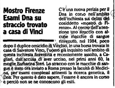 <b>10 Giugno 1988 Stampa: L’Unità – Mostro di Firenze Esami DNA su straccio trovato a casa Vinci</b>