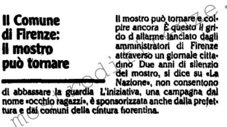 <b>4 Agosto 1988 Stampa: L’Unità – Il comune di Firenze: Il mostro può tornare</b>