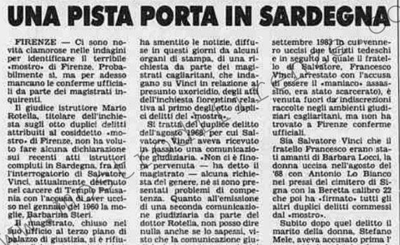 <b>1 Dicembre 1987 Stampa: Stampa Sera – Stragi del mostro di Firenze una pista porta in Sardegna</b>
