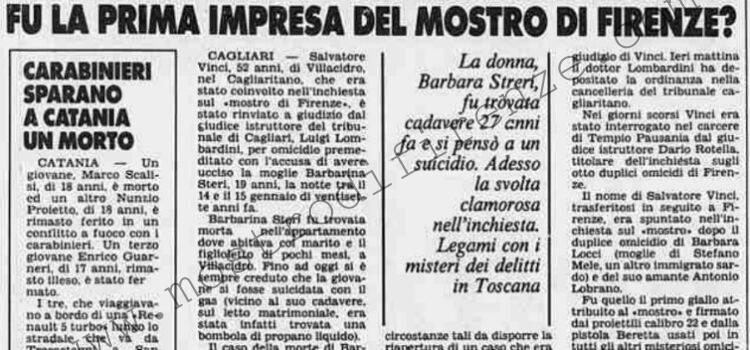 <b>12 Dicembre 1987 Stampa: Stampa Sera – Uno dei fratelli Vinci accusato di omicidio Fu la prima impresa del mostro di Firenze?</b>