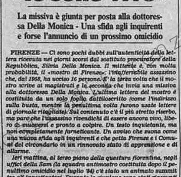 <b>13 Aprile 1987 Stampa: Stampa Sera – Scrive il mostro “Io sono vivo”</b>