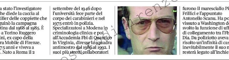<b>18 Novembre 2021 Stampa: Corriere della Sera – Ruggiero e la caccia al mostro di Firenze</b>