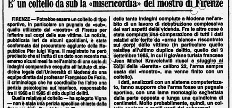 <b>11 Gennaio 1988 Stampa: Corriere della Sera – E’ un coltello da sub la “misericordia” del mostro di Firenze</b>
