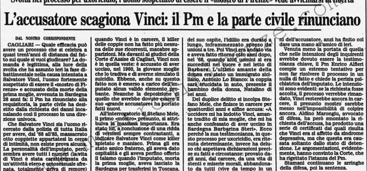 <b>19 Aprile 1988 Stampa: Corriere della Sera – L’accusatore scagiona Vinci: il Pm e la parte civile rinunciano</b>