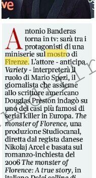 <b>30 Giugno 2021 Stampa: Corriere della Sera – Killer di Firenze: una serie TV con Banderas</b>