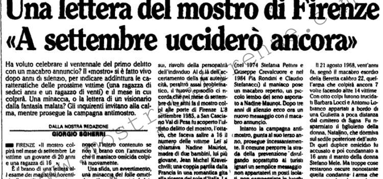 <b>22 Agosto 1988 Stampa: L’Unità – Una lettera del mostro di Firenze “A settembre ucciderò ancora”</b>