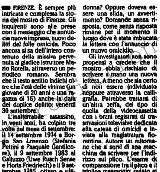 <b>23 Agosto 1988 Stampa: L’Unità – Mostro di Firenze “Appuntamento al 30 settembre”</b>