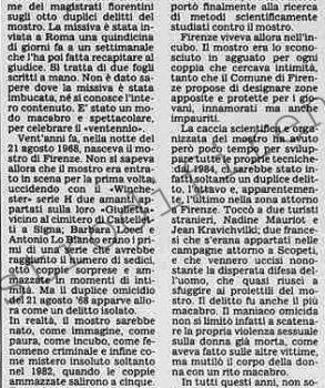 <b>22 Agosto 1988 Stampa: Stampa Sera – Allarme a Firenze il mostro scrive: “A settembre ritorno e uccido”</b>