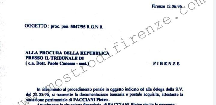 <b>6 Giugno 1996 Nota alla procura sullo stato patrimoniale dei buoni postali di Pietro Pacciani</b>