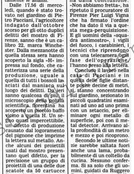 <b>3 Maggio 1992 Stampa: Corriere della Sera – Mostro di Firenze: dal proiettile le prime rivelazioni</b>