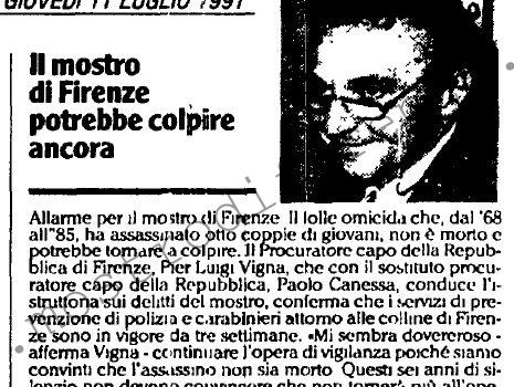 <b>11 Luglio 1991 Stampa: L’Unità – Il mostro di Firenze potrebbe colpire ancora</b>