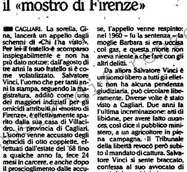 <b>4 Gennaio 1991 Stampa: L’Unità – Scomparso Salvatore Vinci Per anni fu ritenuto il “mostro di Firenze”</b>