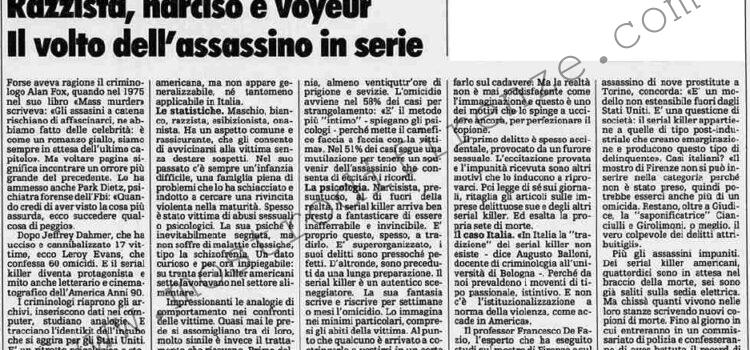 <b>22 Agosto 1991 Stampa: La Stampa – Razzista, narciso e voyeur Il volto dell’assassino in serie</b>