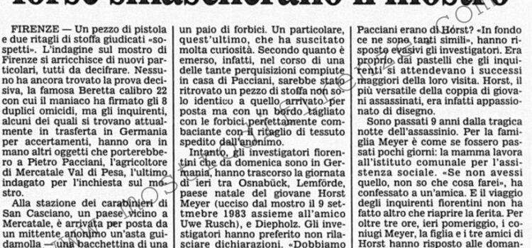 <b>23 Giugno 1992 Stampa: Corriere della Sera – A Firenze due pezzi di stoffa forse smascherano il mostro</b>