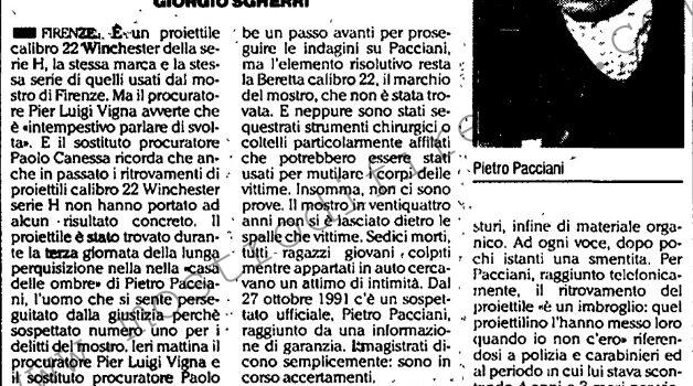 <b>1 Maggio 1992 Stampa: L’Unità – Mostro di Firenze: perizia proiettile trovato a casa di Pacciani</b>