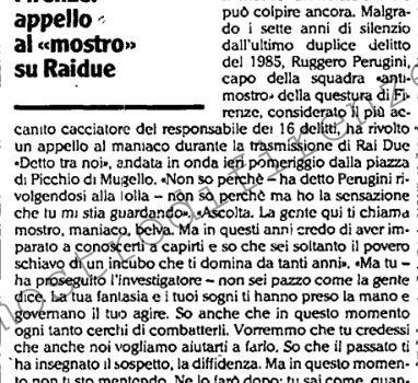 <b>5 Febbraio 1992 Stampa: L’Unità – Firenze: appello al “mostro” su Raidue</b>