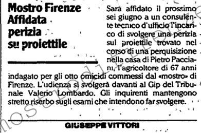 <b>30 Maggio 1992 Stampa: L’Unità – Mostro Firenze Affidata perizia su proiettile</b>