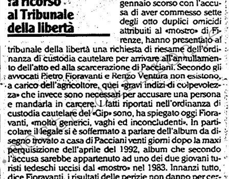 <b>26 Gennaio 1993 Stampa: L’Unità – Mostro di Firenze: Pacciani fa ricorso al tribunale della libertà</b>