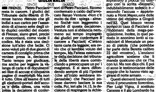 <b>5 Febbraio 1993 Stampa: L’Unità – Mostro di Firenze Pacciani resta in carcere</b>