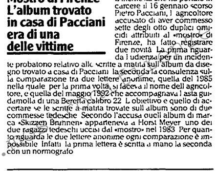 <b>2 Aprile 1993 Stampa: L’Unità – Mostro di Firenze L’album trovato in casa di Pacciani era di una delle vittime</b>