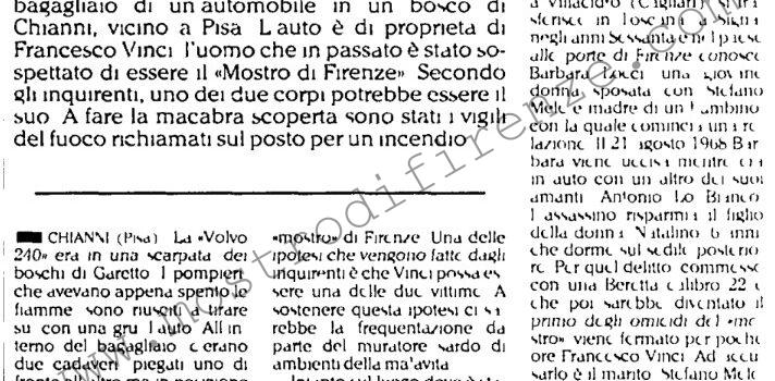 <b>5 Agosto 1993 Stampa: L’Unità – Pisa, due cadaveri carbonizzati in un bagagliaio</b>