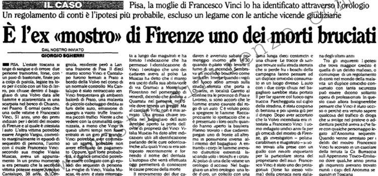 <b>9 Agosto 1993 Stampa: L’Unità – E’ l’ex “mostro” di Firenze uno dei morti bruciati</b>