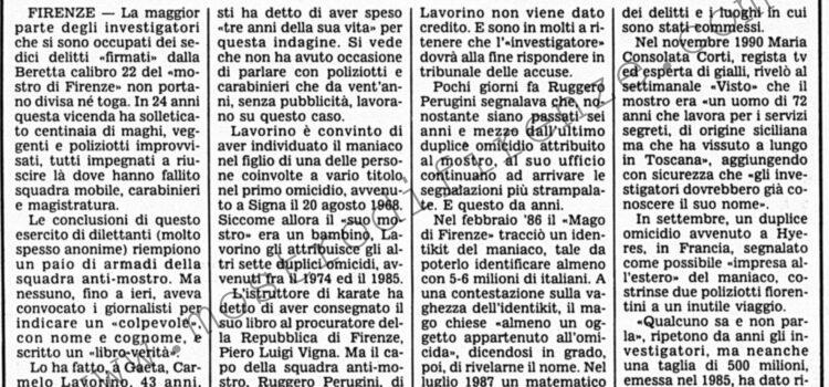 <b>10 Aprile 1992 Stampa: Corriere della Sera – “So chi è il mostro”, ma Firenze non ci crede</b>