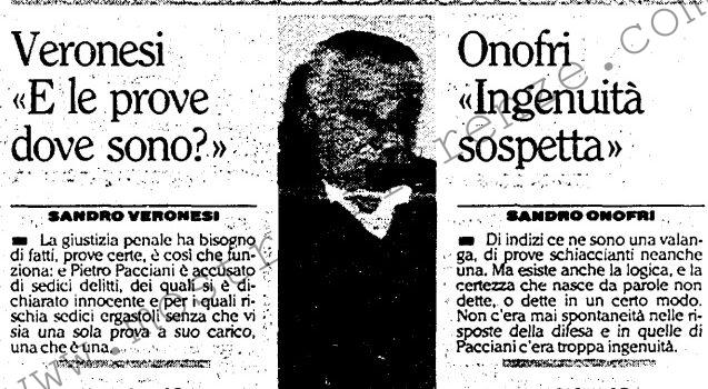 <b>1 Novembre 1994 Stampa: L’Unità – Veronesi “E le prove dove sono?” – Onofri “Ingenuità sospetta” – Pacciani si dice “fiducioso” e aspetta</b>