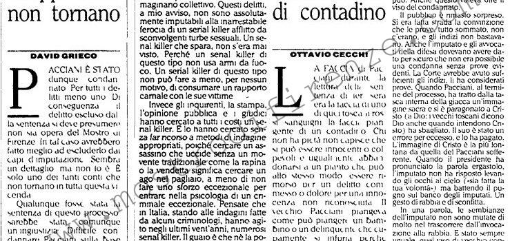 <b>2 Novembre 1994 Stampa: L’Unità – Ergastolo per Pacciani – “Mai nessuno mi ridarà mia figlia” – Vigna: “Gli indizi gravi sono prove” – Ergastolo a Pacciani per sette duplici omicidi</b>