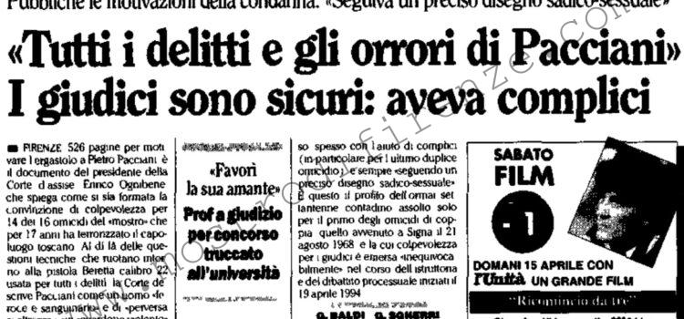 <b>14 Aprile 1995 Stampa: L’Unità – “Tutti i delitti e gli orrori di Pacciani” I giudici sono sicuri: aveva complici</b>