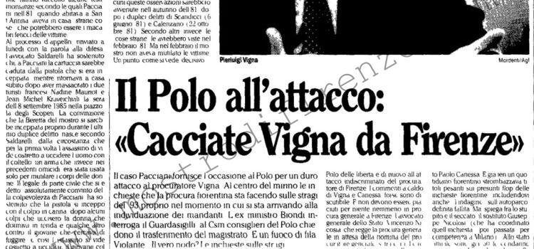 <b>8 Febbraio 1996 Stampa: L’Unità – Caso Pacciani: Nuove testimonianze sui delitti del mostro? – Il Polo all’attacco: “Cacciate Vigna da Firenze”</b>