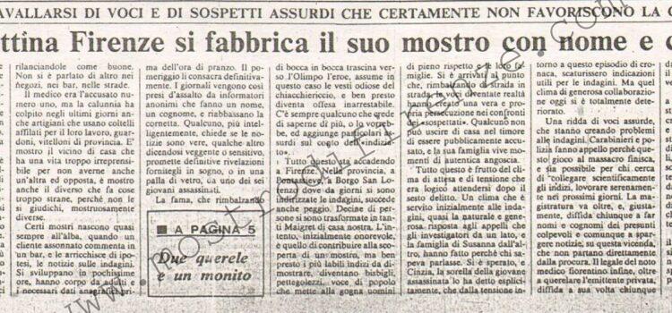 <b>5 Novembre 1981 Stampa: La Nazione – Ogni mattina Firenze si fabbrica il suo mostro con nome e cognome – La dicerie sul mostro: due querele e un monito</b>