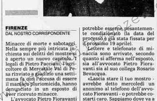 <b>23 Gennaio 1994 Stampa: La Stampa – “Se liberano Pacciani pagherete con la vita”</b>